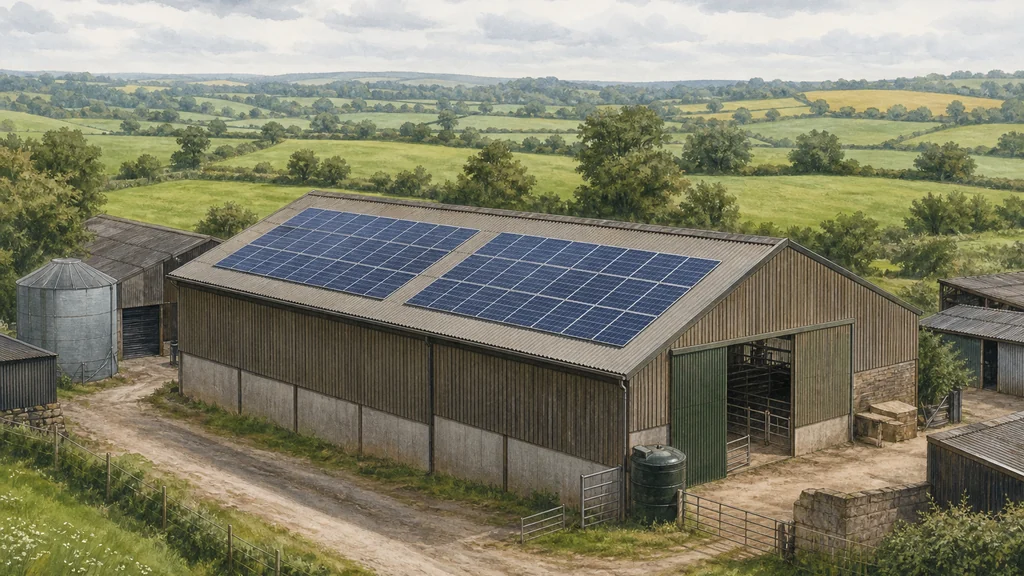 Illustration of a British farm building with rooftop solar