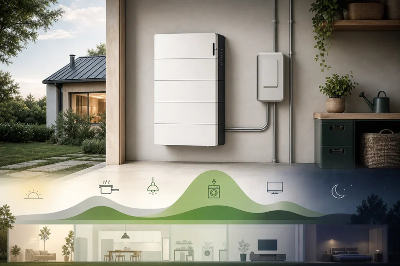 Illustration of home battery storage across daytime and evening use