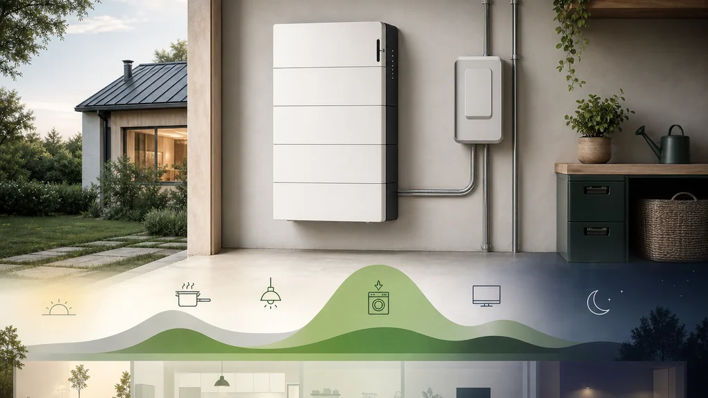 Illustration of home battery storage across daytime and evening use