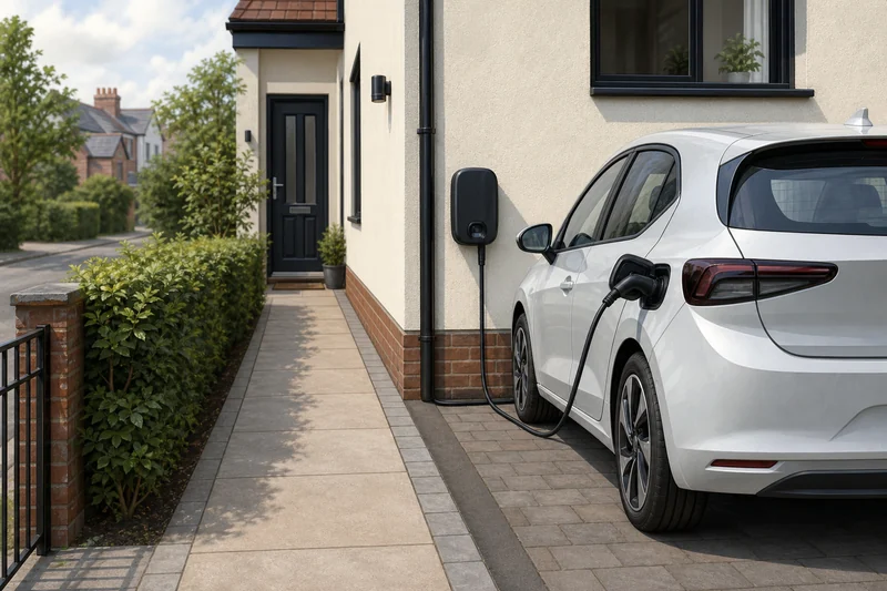 Illustration of safe electric vehicle charging beside a UK home
