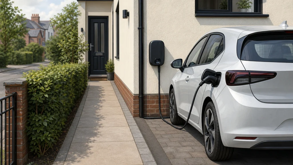 Illustration of safe electric vehicle charging beside a UK home