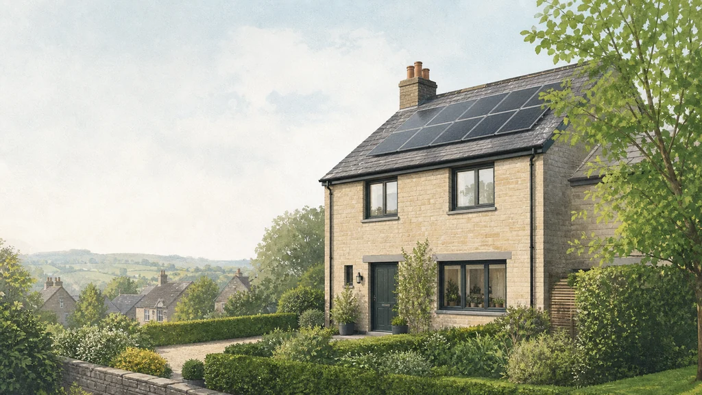 Illustration of a UK home with rooftop solar in a calm rural setting