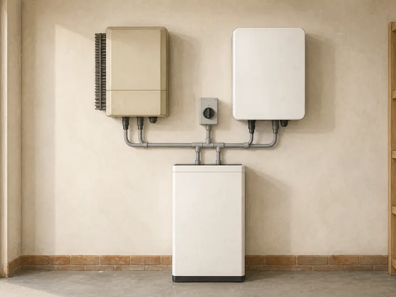 A garage wall on which an older solar inverter and a separate newer battery inverter are mounted side by side above a battery unit, joined by surface trunking, showing a retrofit arrangement of two boxes rather than one.