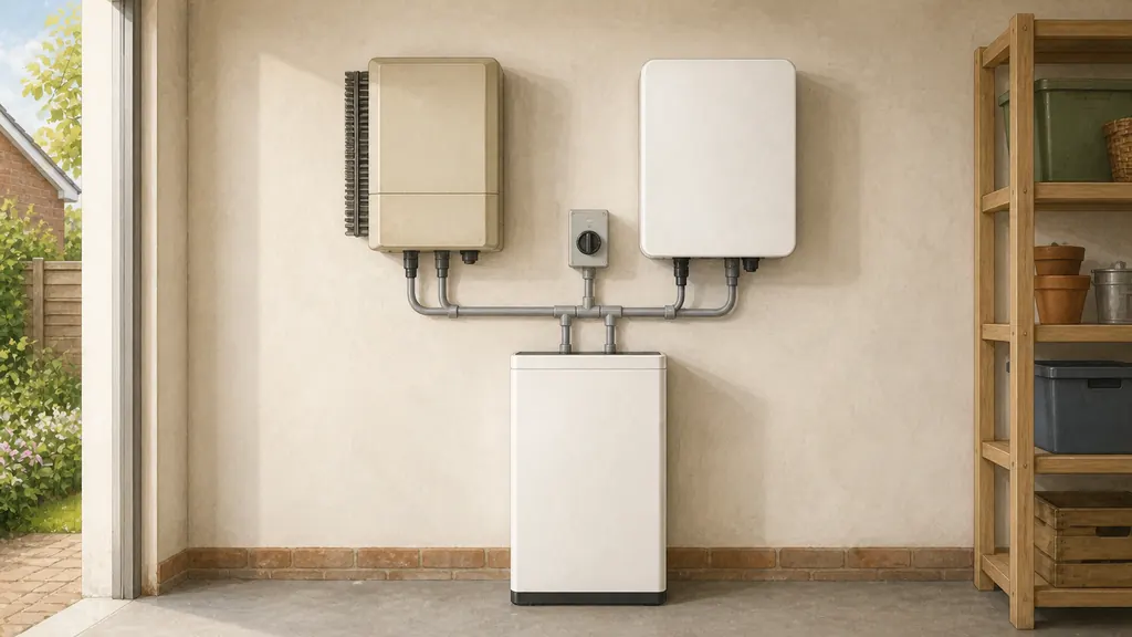 A garage wall on which an older solar inverter and a separate newer battery inverter are mounted side by side above a battery unit, joined by surface trunking, showing a retrofit arrangement of two boxes rather than one.