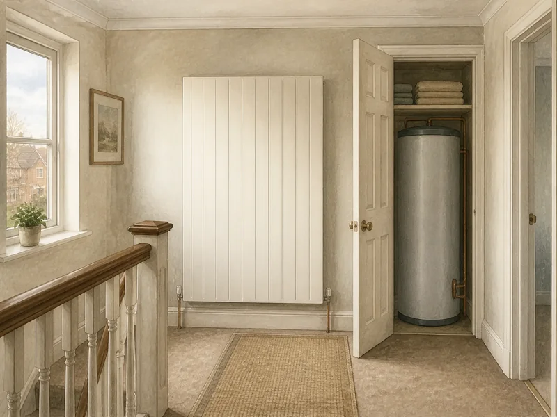 A hallway showing a large modern radiator on one wall and, through an open airing cupboard door, a tall insulated hot water cylinder.