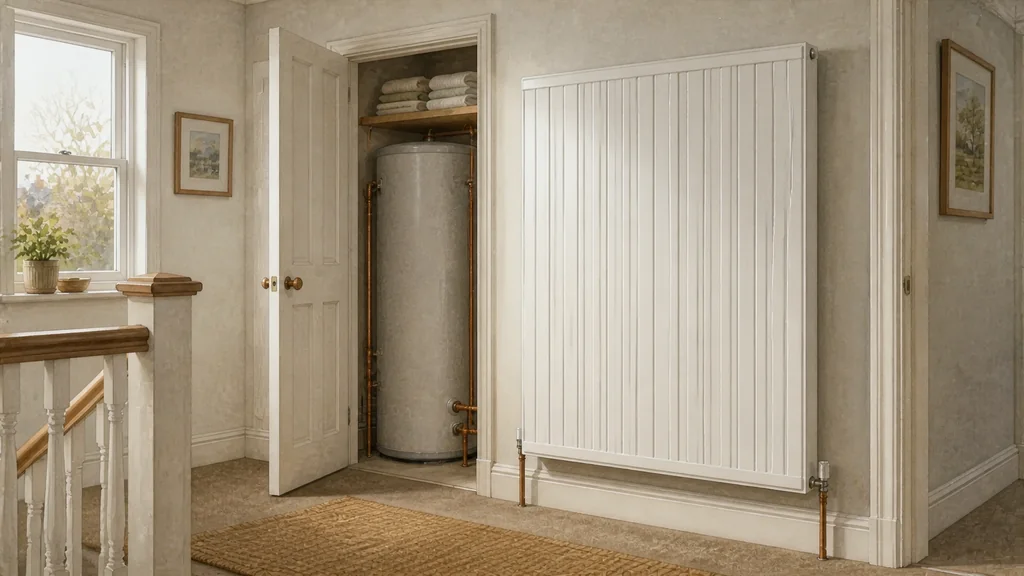 A hallway showing a large modern radiator on one wall and, through an open airing cupboard door, a tall insulated hot water cylinder.
