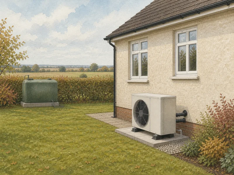 An air source heat pump standing on a plinth at the side of a house, with a disused domestic oil tank on its bund further down the garden.