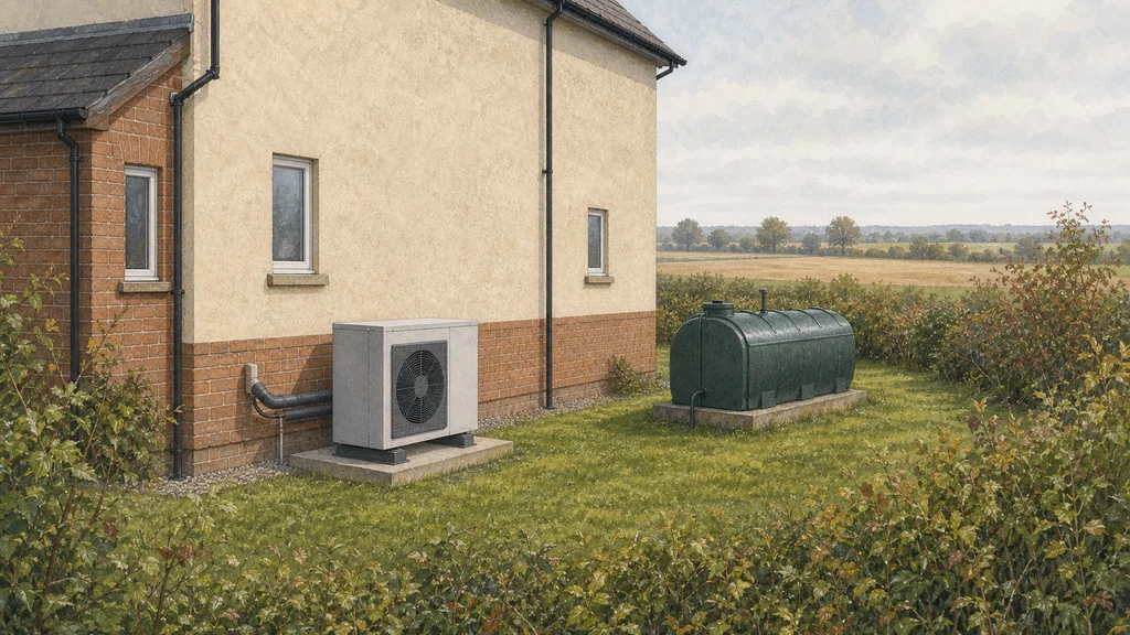 An air source heat pump standing on a plinth at the side of a house, with a disused domestic oil tank on its bund further down the garden.