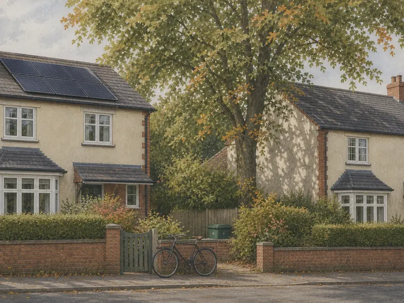 Two similar houses side by side seen from across a street, one with solar panels on a clear roof plane and one whose roof is largely in the shade of a mature tree.