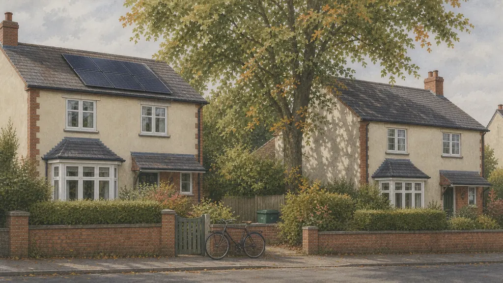 Two similar houses side by side seen from across a street, one with solar panels on a clear roof plane and one whose roof is largely in the shade of a mature tree.
