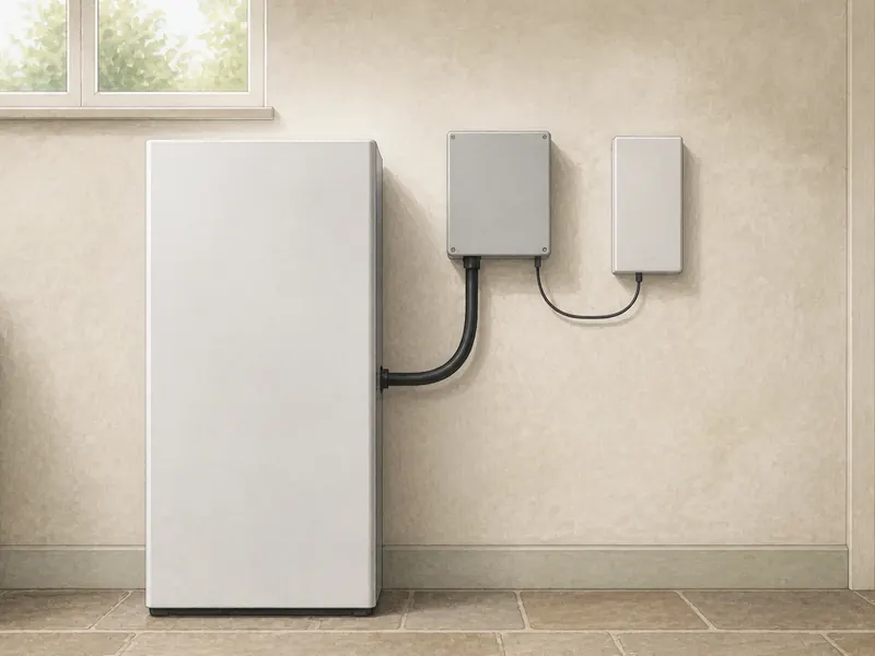 Two home battery units of markedly different physical size mounted on the same utility room wall, one tall and deep and one small and flat, with cables of different thickness running from each into a shared isolator.