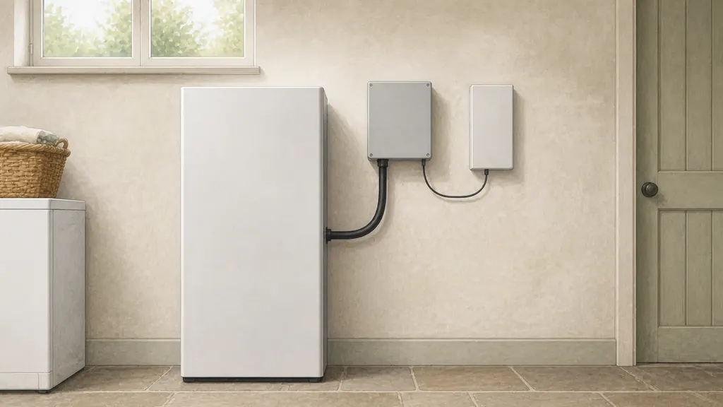 Two home battery units of markedly different physical size mounted on the same utility room wall, one tall and deep and one small and flat, with cables of different thickness running from each into a shared isolator.