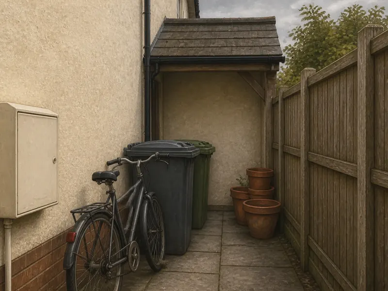 A narrow side passage between a house and its boundary fence, with an external meter box on the wall, bins and a bicycle taking up much of the width, and one clear stretch of blank wall where equipment could go.