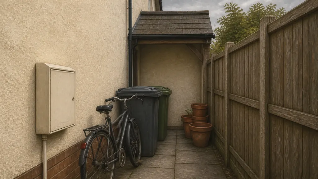 A narrow side passage between a house and its boundary fence, with an external meter box on the wall, bins and a bicycle taking up much of the width, and one clear stretch of blank wall where equipment could go.