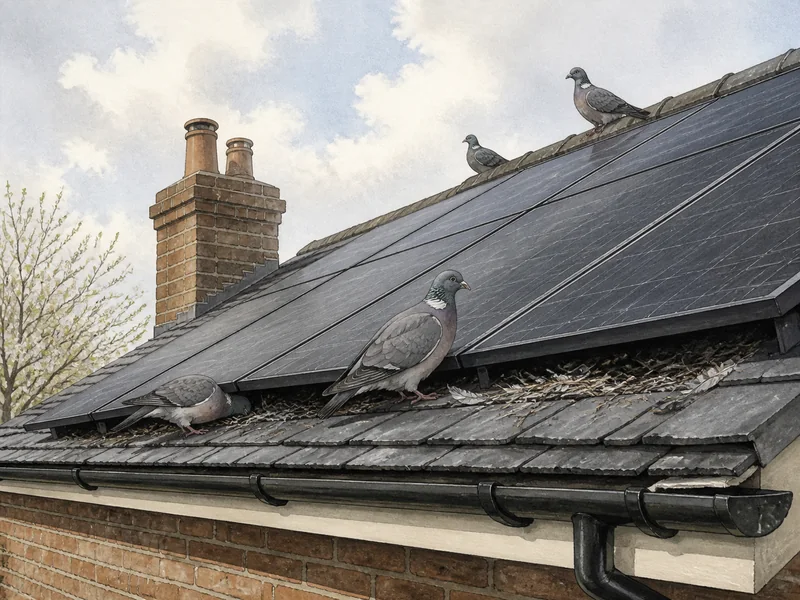 A close view along a roof array where pigeons are gathered at the panel edge and the shaded gap between the panels and the tiles is clearly visible.