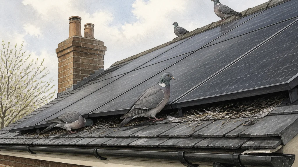 A close view along a roof array where pigeons are gathered at the panel edge and the shaded gap between the panels and the tiles is clearly visible.