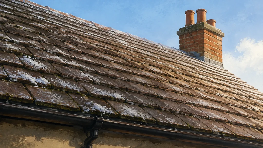 A frosted plain-tiled roof slope seen close up and at an angle from below, its ridge and chimney stack against a bright low winter sky.