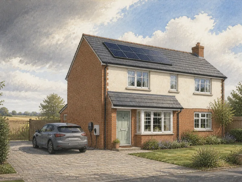 A house seen from its driveway with solar panels on the roof and an electric car plugged into a wall charge point below, under a bright sky where a large cloud is moving across the sun.
