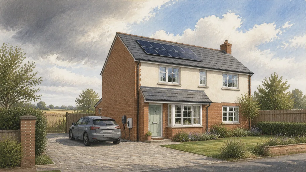 A house seen from its driveway with solar panels on the roof and an electric car plugged into a wall charge point below, under a bright sky where a large cloud is moving across the sun.