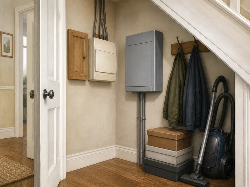 Two consumer units side by side under the stairs, an older cream plastic board with a wooden-fronted cupboard beside it and a newer metal-clad board on the adjacent wall.