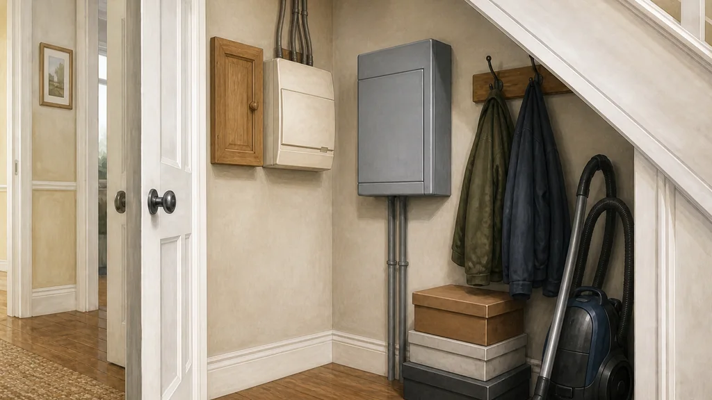 Two consumer units side by side under the stairs, an older cream plastic board with a wooden-fronted cupboard beside it and a newer metal-clad board on the adjacent wall.