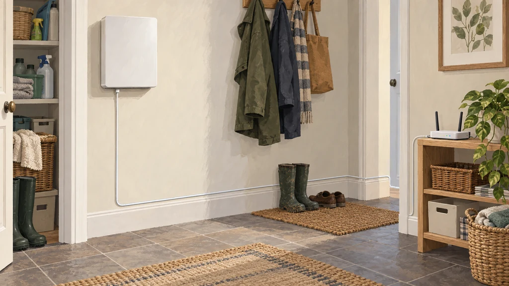 A wall-mounted home inverter in a domestic utility room with a slim network cable running from it along the skirting to a small household router on a shelf.