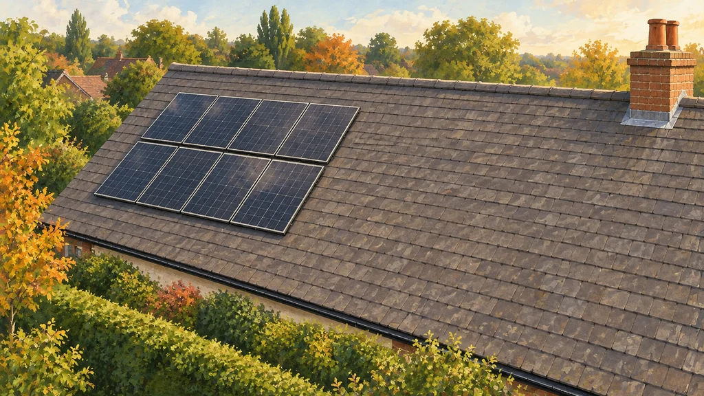 A pitched tile roof seen obliquely from above in autumn light, a small older array of eight panels on one part of the slope and a clearly larger area of empty tiles beside it.