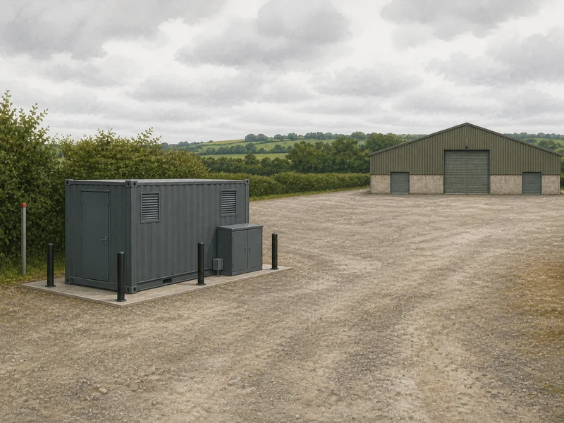 A grey containerised battery unit standing on a concrete pad at the edge of a farmyard, set well back from the nearest building, with protective bollards and a gravel margin around it.