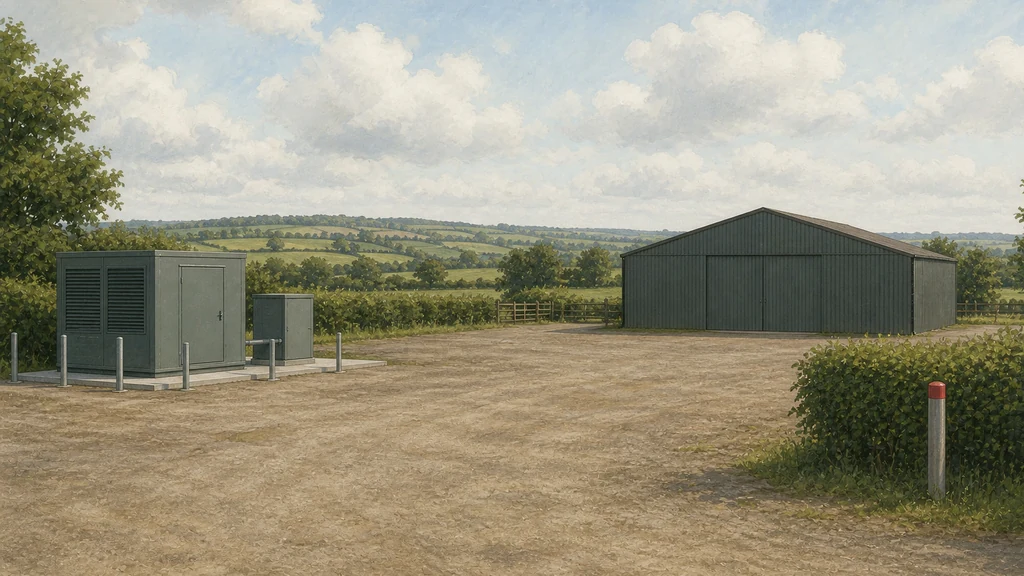 A grey containerised battery unit standing on a concrete pad at the edge of a farmyard, set well back from the nearest building, with protective bollards and a gravel margin around it.