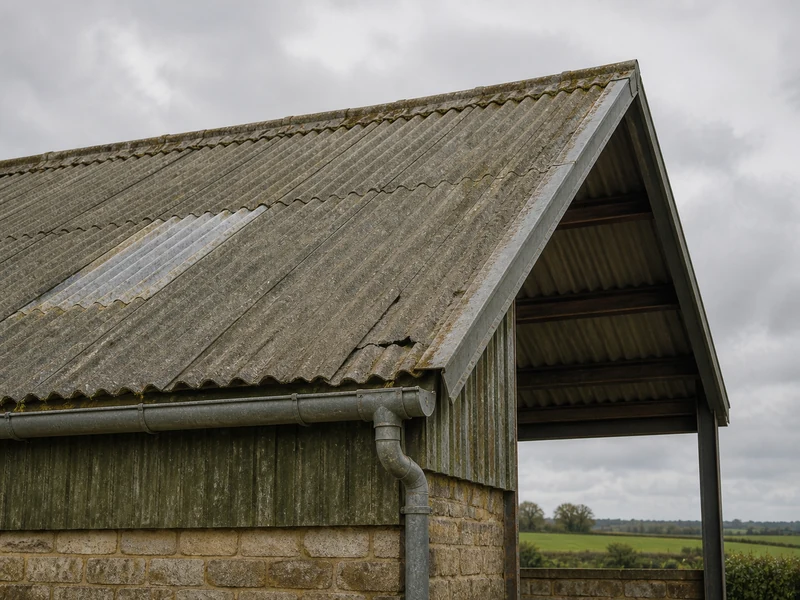 An ageing corrugated fibre-cement barn roof seen close up from below, moss along the sheet overlaps, a cracked sheet near the eaves and the steel purlins visible through an open gable.