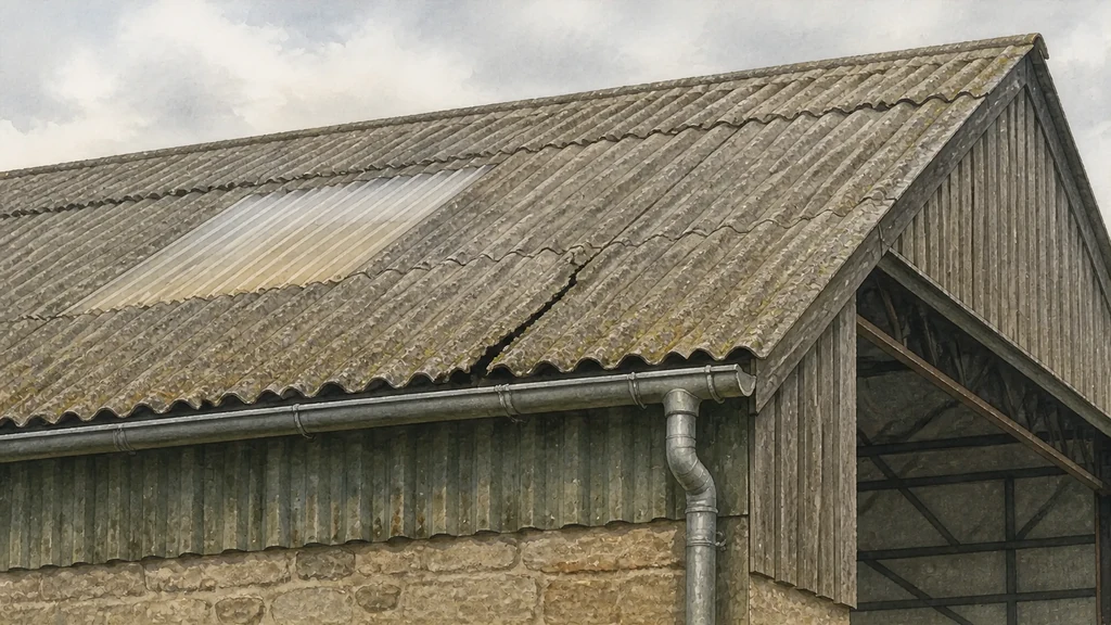 An ageing corrugated fibre-cement barn roof seen close up from below, moss along the sheet overlaps, a cracked sheet near the eaves and the steel purlins visible through an open gable.