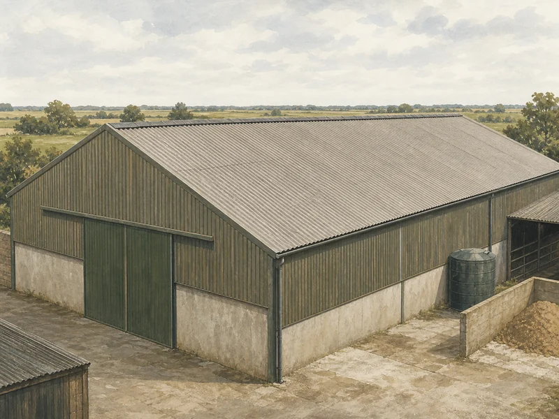 A large steel-framed Lincolnshire farm building with a broad, empty south-facing roof, seen across a concrete yard in flat afternoon light.