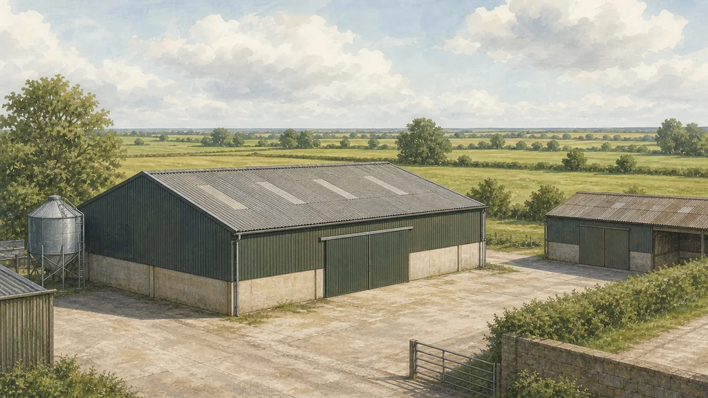 A large steel-framed Lincolnshire farm building with a broad, empty south-facing roof, seen across a concrete yard in flat afternoon light.