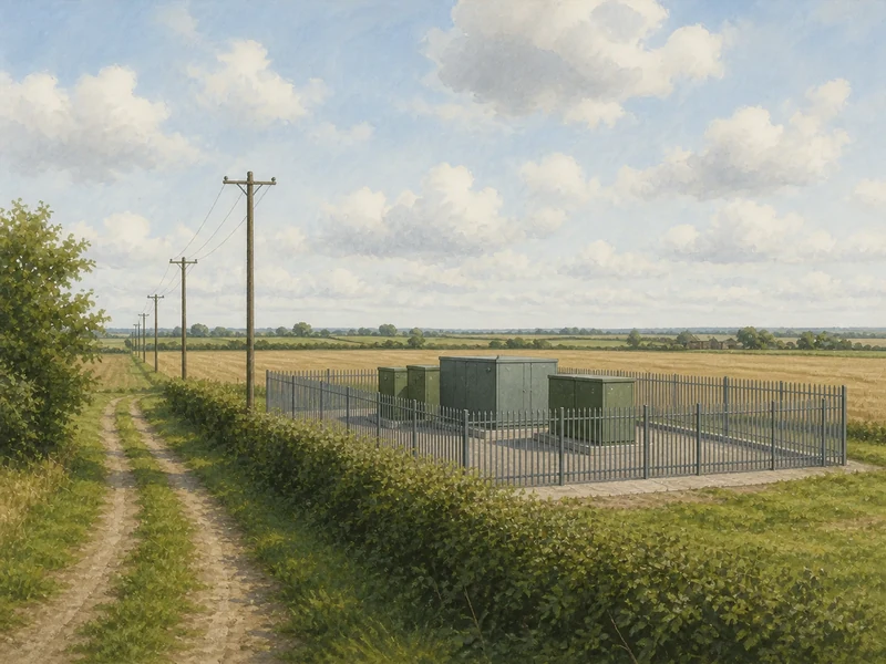 A line of wooden electricity poles running away across open arable land towards a small fenced ground-level substation compound, with farm buildings low on the horizon beyond.