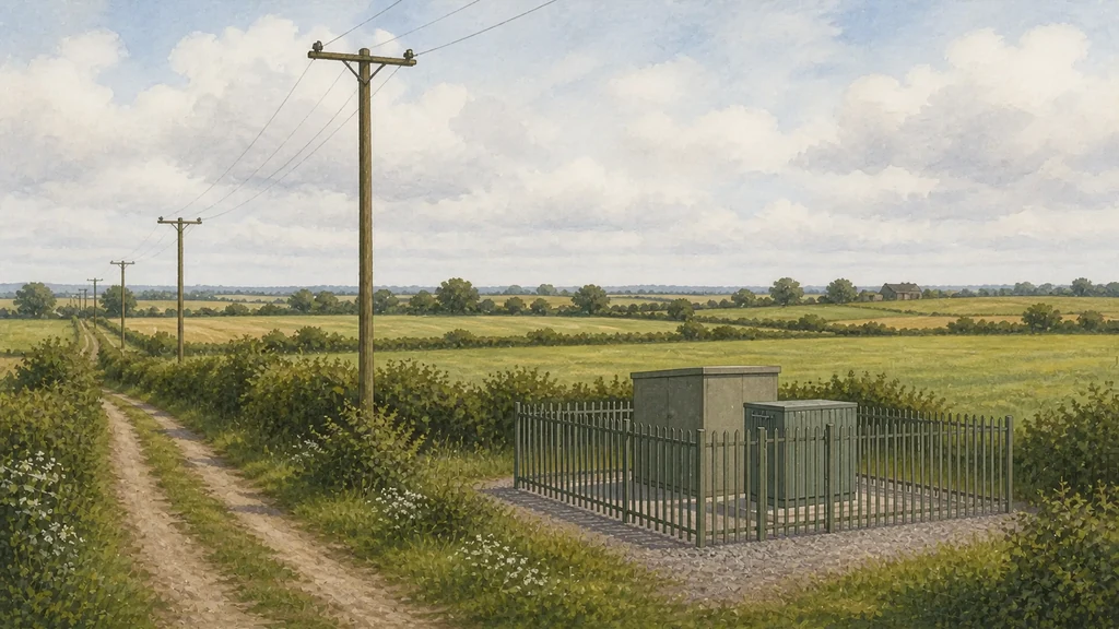 A line of wooden electricity poles running away across open arable land towards a small fenced ground-level substation compound, with farm buildings low on the horizon beyond.
