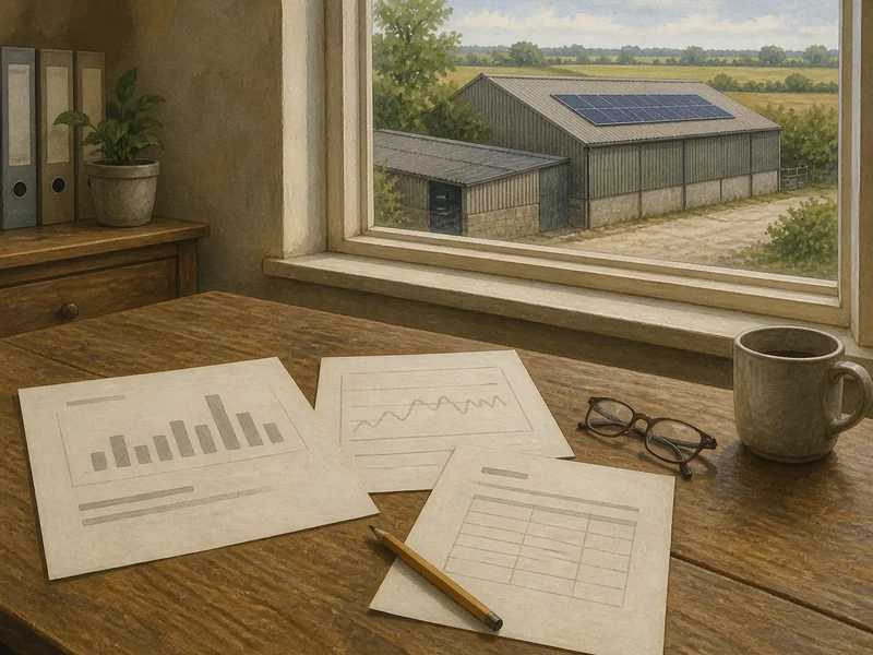 A farm office desk with printed electricity bills and half-hourly consumption charts spread out, a pencil and a mug beside them, and a window looking onto a yard with a solar-clad barn.