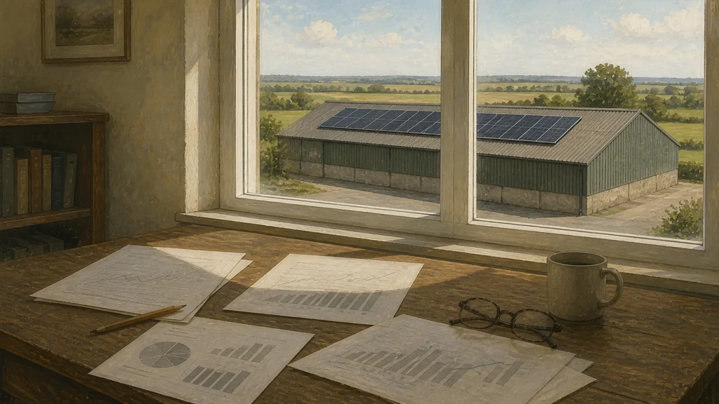 A farm office desk with printed electricity bills and half-hourly consumption charts spread out, a pencil and a mug beside them, and a window looking onto a yard with a solar-clad barn.