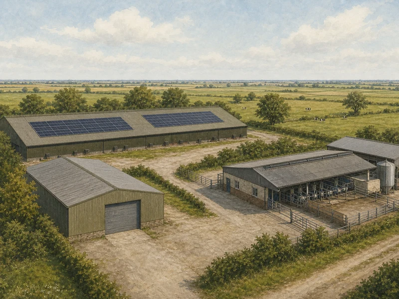 A mixed Lincolnshire holding seen from a low rise, with a poultry shed, a dairy parlour, a cold store and open grazing all visible under one skyline.