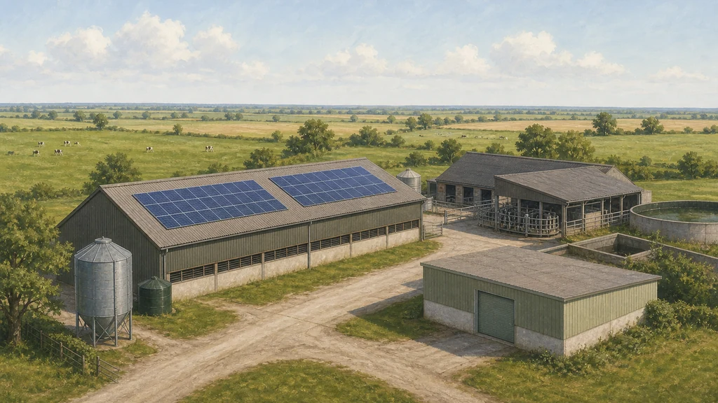 A mixed Lincolnshire holding seen from a low rise, with a poultry shed, a dairy parlour, a cold store and open grazing all visible under one skyline.