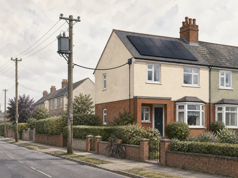 A residential street where a house with roof solar sits below the overhead line and pole-mounted transformer that feed it, the cable path running from the house to the wider network.