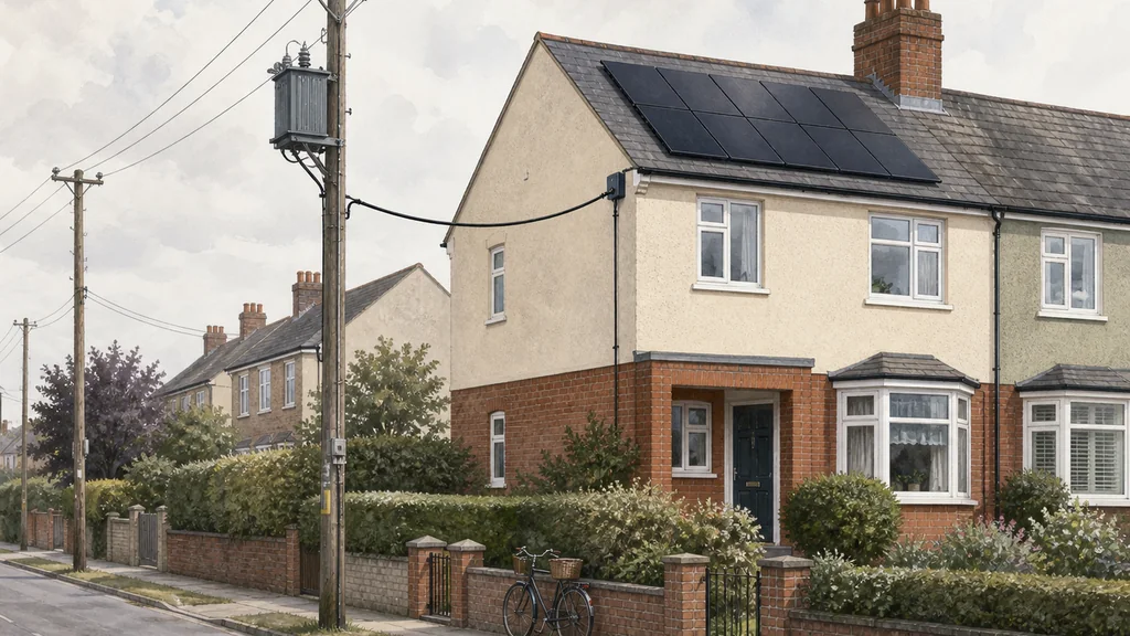 A residential street where a house with roof solar sits below the overhead line and pole-mounted transformer that feed it, the cable path running from the house to the wider network.