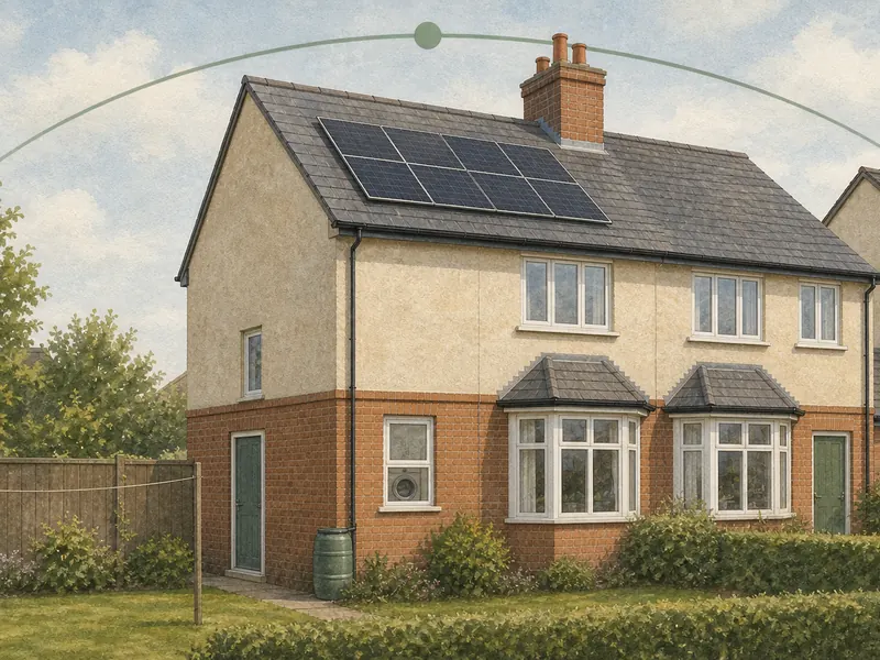 A British house at midday with sunlit roof panels, seen from the side garden, with a washing machine visible mid-cycle through the closed utility room window.