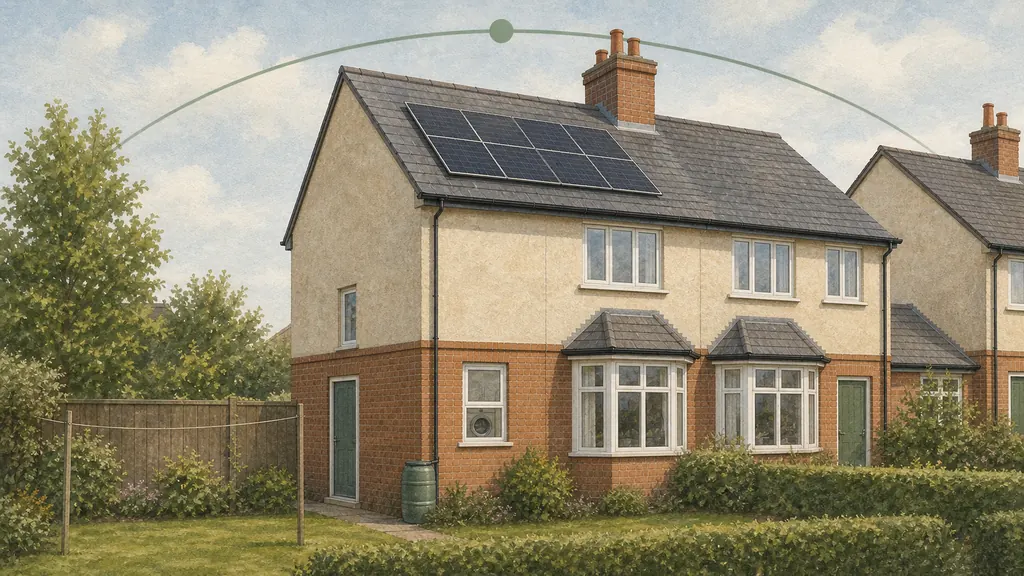 A British house at midday with sunlit roof panels, seen from the side garden, with a washing machine visible mid-cycle through the closed utility room window.