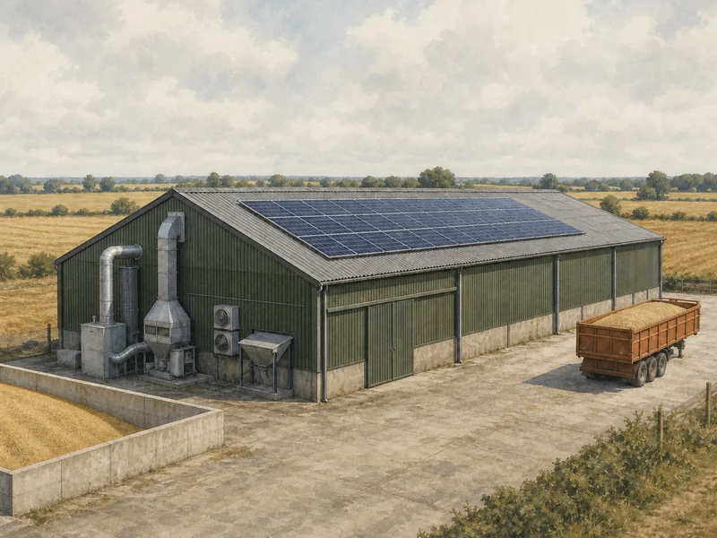 A Lincolnshire grain store with rooftop solar panels during harvest, drying plant and ducting at the gable end, stubble fields and a loaded grain trailer beyond.