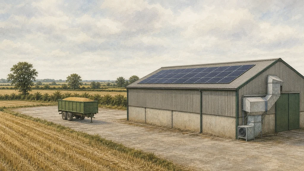 A Lincolnshire grain store with rooftop solar panels during harvest, drying plant and ducting at the gable end, stubble fields and a loaded grain trailer beyond.