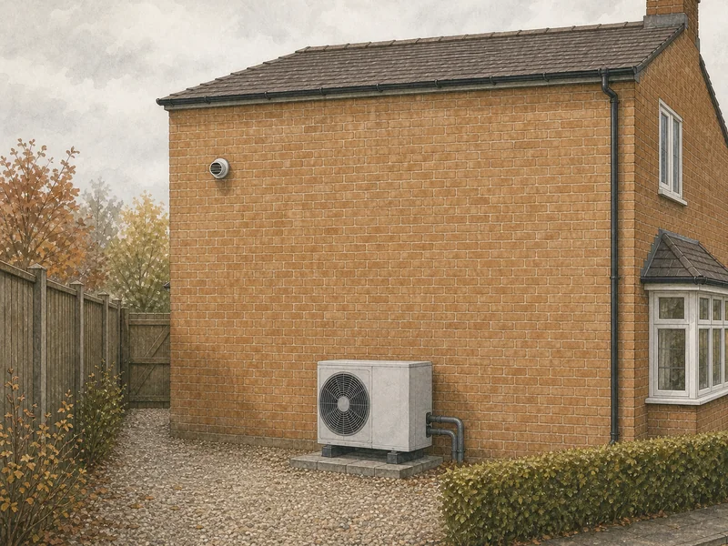 One house wall carrying both a small gas flue terminal and, a few metres along, an air source heat pump on a plinth, the two given equal weight in the frame.