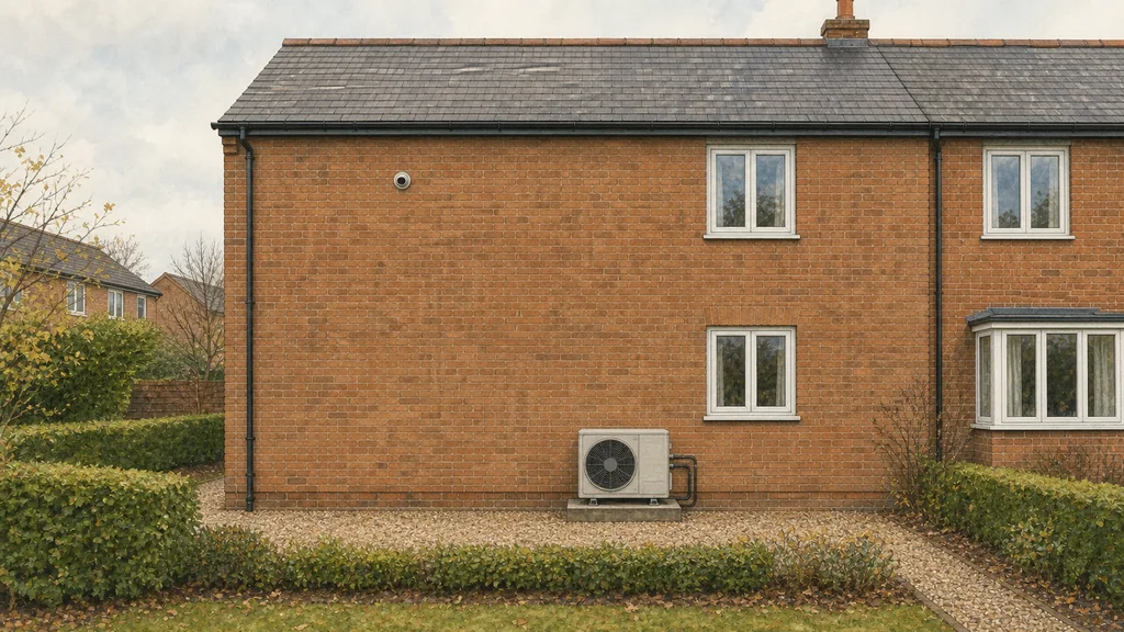 One house wall carrying both a small gas flue terminal and, a few metres along, an air source heat pump on a plinth, the two given equal weight in the frame.