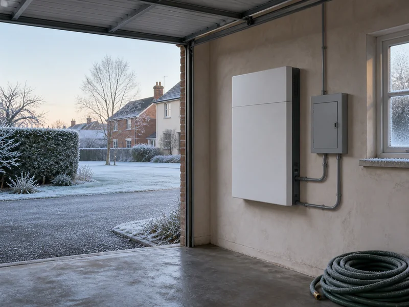 A wall-mounted home battery in an unheated garage on a frosty morning, frost visible on the ground through the open door and on the window ledge behind.