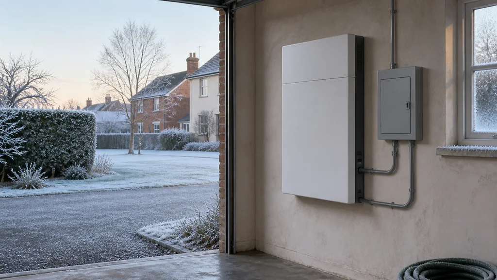 A wall-mounted home battery in an unheated garage on a frosty morning, frost visible on the ground through the open door and on the window ledge behind.