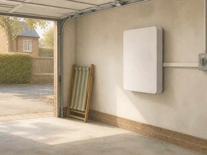 The interior of a domestic garage with a single wall-mounted home battery unit and a small isolator switch beside it, daylight entering through the open door.